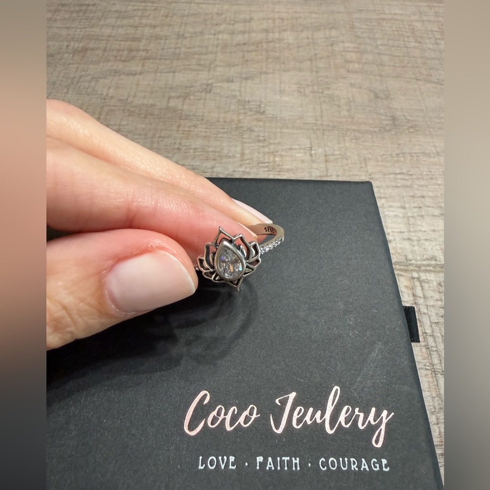 Silver Lotus Teardrop Ring with Clear Stone
